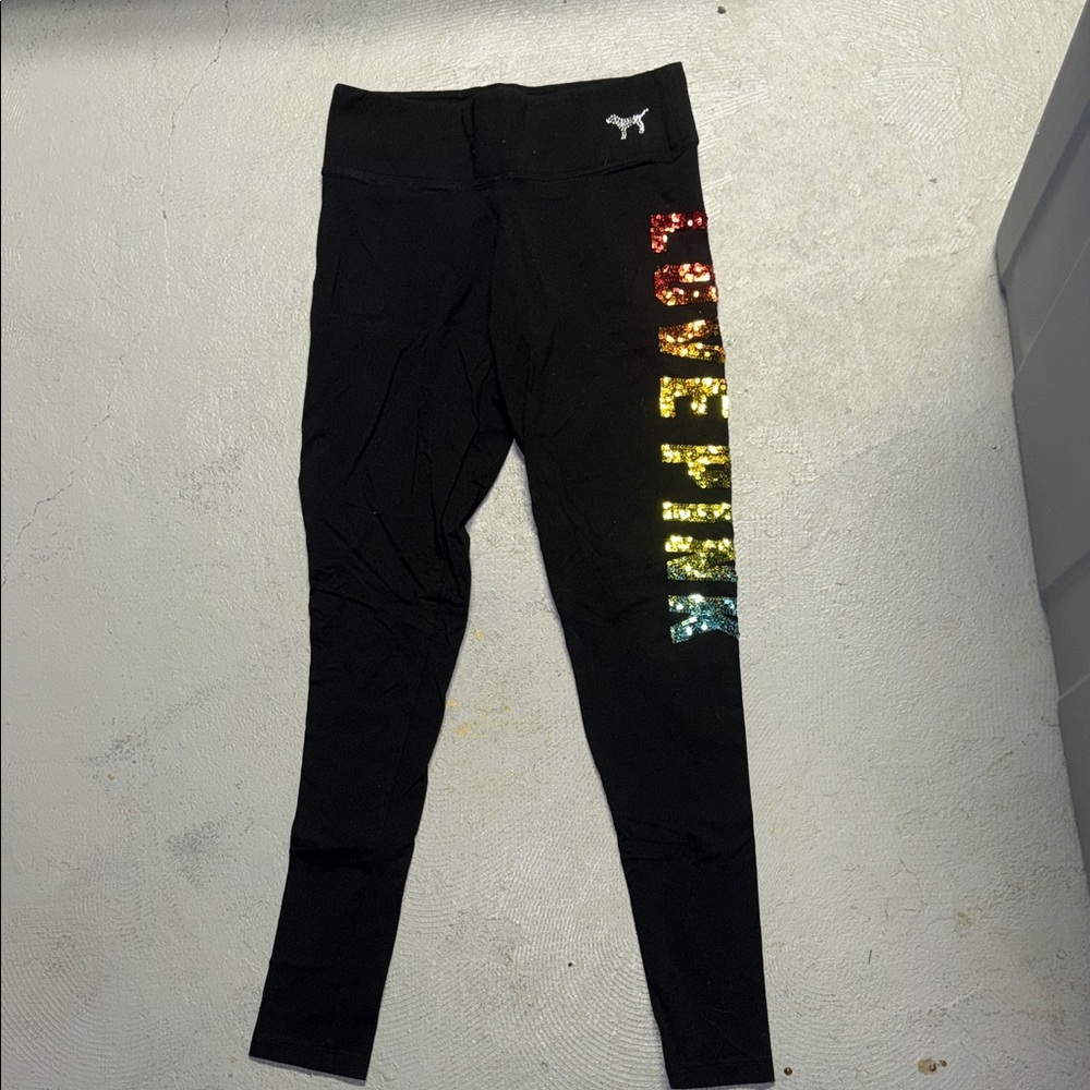 PINK Victoria's Secret Black Leggings with Rainbow Logo